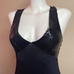 Laughing Doll sequined V-neck Aline black cotton halter tank dress NWT S